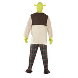 Back view of the Shrek Adult Costume, showcasing the cream long sleeve top with the brown short vest, plaid trousers, and the iconic green Shrek mask and hands, displaying the full outfit from behind.