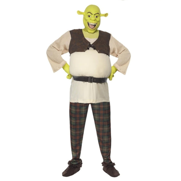 Adult Shrek costume with ogre mask, top, pants and green hands officially licensed by Universal