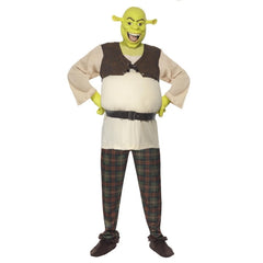 Adult Shrek costume with ogre mask, top, pants and green hands officially licensed by Universal