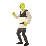Adult shrek costume includes top, pants, mask and hands