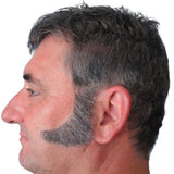grey sideburns in a curved human hair style.