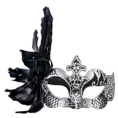 Silver and black feather masquerade mask with floral side detail and ribbon ties