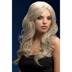Nicole wig in silver blonde, 66cm long with side part and soft waves, heat-resistant synthetic wig