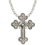 Silver ornate cross necklace with clear stones for gothic and Halloween costumes