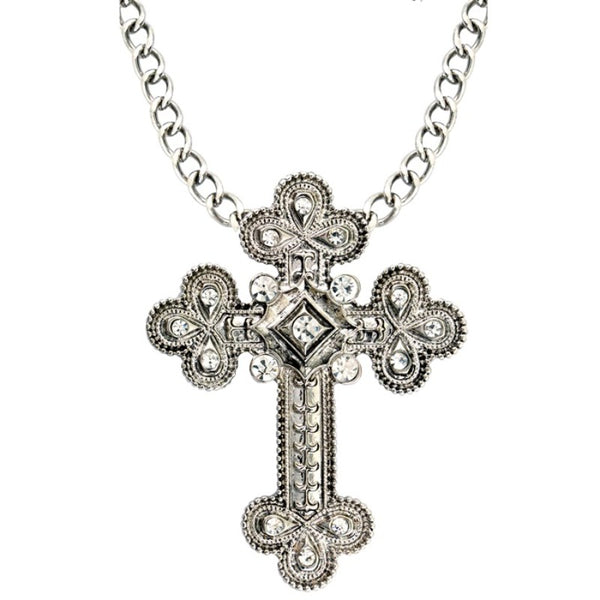 Silver ornate cross necklace with clear stones for gothic and Halloween costumes