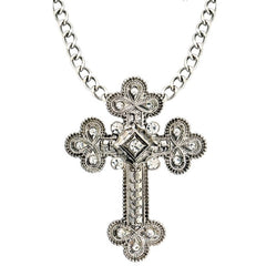 Silver ornate cross necklace with clear stones for gothic and Halloween costumes