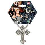 Decorative cross necklace with packaging featuring images of people.