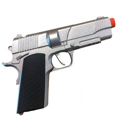 Silver die-cast automatic toy pistol prop. Realistic spy costume accessory and collector display piece.