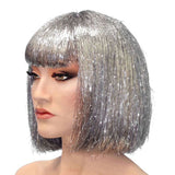 Silver tinsel disco bob wig with lightweight sparkly strands