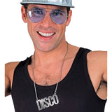 Silver disco necklace with lettering for themed parties