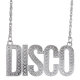 Silver disco pendant necklace with large retro lettering for 1970s costumes