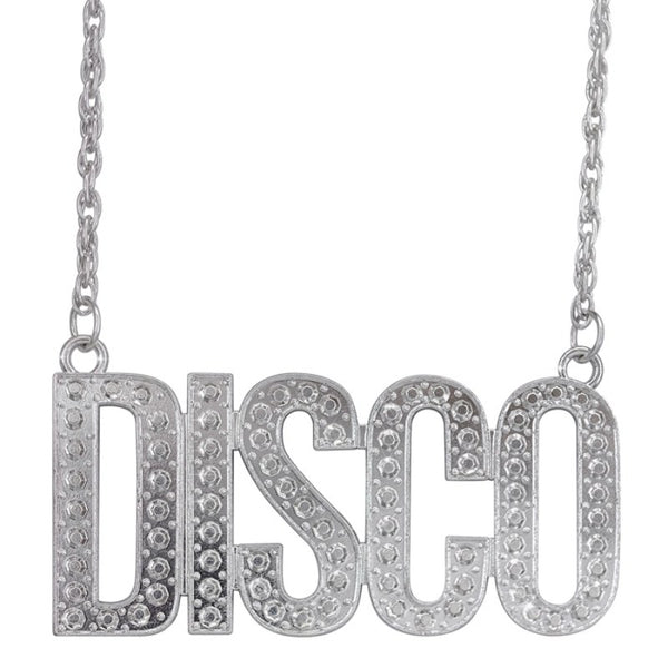 Silver disco pendant necklace with large retro lettering for 1970s costumes