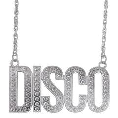 Silver disco pendant necklace with large retro lettering for 1970s costumes
