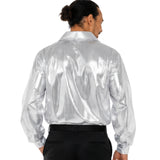 Rear view of silver metallic disco shirt showing long sleeves and reflective fabric