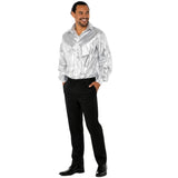 Adult wearing silver disco shirt with black trousers and classic 70s disco styling
