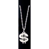 Silver Dollar Sign Metal Necklace with 68 cm chain and 6 cm dollar sign pendant – costume accessory for Vegas and party outfits