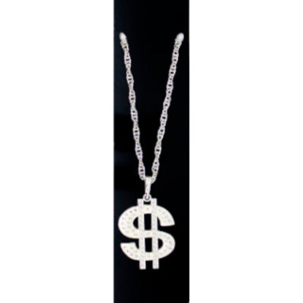 Silver Dollar Sign Metal Necklace with 68 cm chain and 6 cm dollar sign pendant – costume accessory for Vegas and party outfits