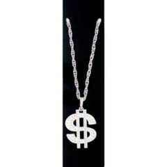 Silver Dollar Sign Metal Necklace with 68 cm chain and 6 cm dollar sign pendant – costume accessory for Vegas and party outfits