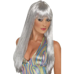 Silver Glitter Disco Wig
A long, straight silver wig with metallic silver highlights, perfect for adding a dazzling disco vibe to your look.