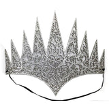 silver glitter evil queen headband with elastic backing.