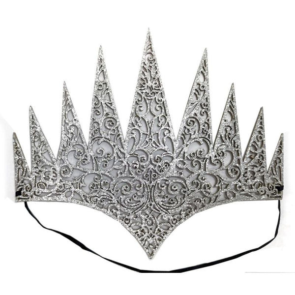 silver glitter evil queen headband with elastic backing.
