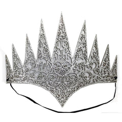 silver glitter evil queen headband with elastic backing.