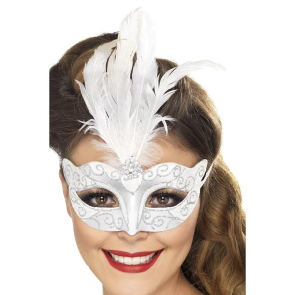 Silver glitter Venetian eye mask with feathers