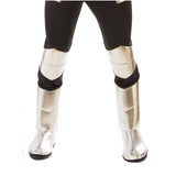 silver knight adult costume pants have mock knee armour and shin armour with boot tops.