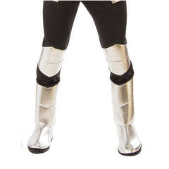 Silver knight costume for adult, tunic with printed shield on chest, mock undershirt.