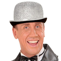 Silver lurex bowler hat with shimmering finish for costume wear