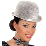 Show-style silver lurex bowler hat for theatrical outfits