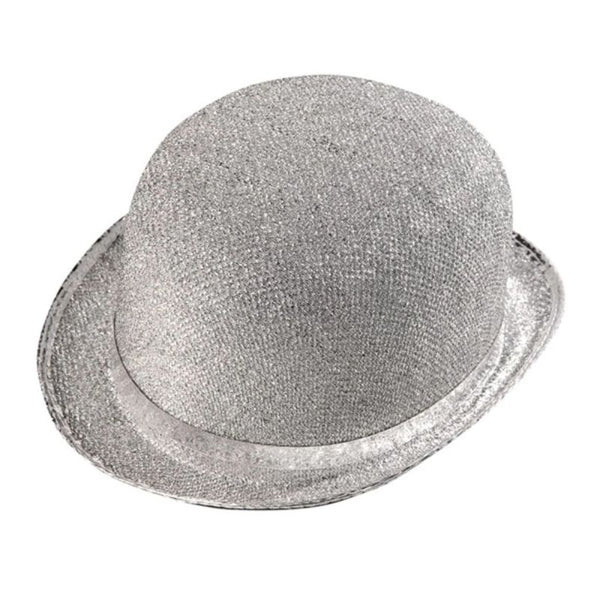 Silver lurex bowler hat with shimmering finish for costume wear