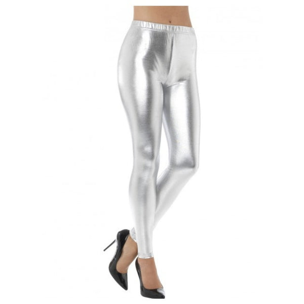 Silver metallic disco leggings for 80s costumes