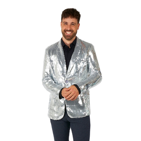 Silver sequin blazer costume for men front view
