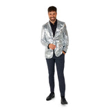 Man wearing silver sequin blazer