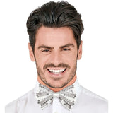 Man wearing a Silver Sequin Bow Tie Deluxe costume accessory