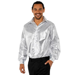 Men's silver disco shirt with metallic sequin print and wide retro collar