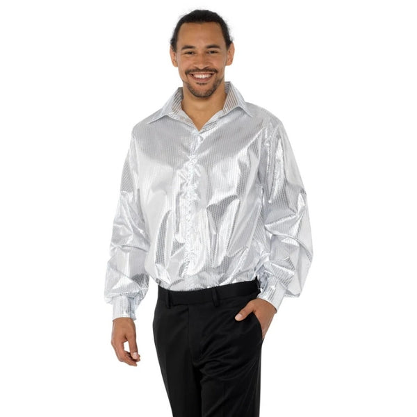 Silver Sequinned Disco Shirt, lightweight sequin look fabric.