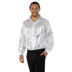 Silver Sequinned Disco Shirt, lightweight sequin look fabric.