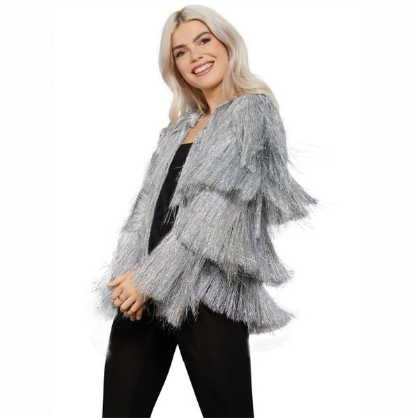 Silver tinsel festival jacket by Fever with shimmering metallic fringe