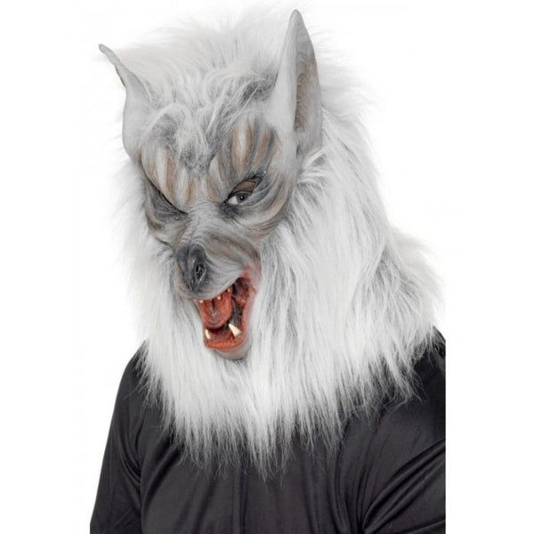 Adult silver wolf mask with realistic fur and snarling teeth for Halloween, Big Bad Wolf and animal costumes.