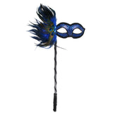 Simona Dark Blue Feather Eye Mask w/ Stick, small decorated eye mask with lots of feathers on the side, attached decorated stick.