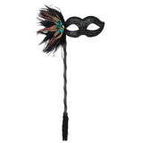simona mask with stick, small black decorated mask with side feathers, attached decorated stick.