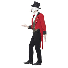 Sinister Ringmaster Costume, red tailcoat, mock shirt, hat with attached scary mask.