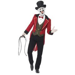 Sinister Ringmaster Costume, red tailcoat, mock shirt, hat with attached scary mask.