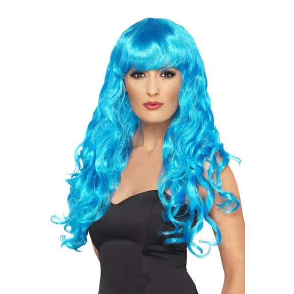 Long curly blue mermaid wig with fringe