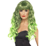 Green and black Siren Wig with long curls and fringe – synthetic fibre, perfect for witches, Halloween costumes, and fantasy cosplay.