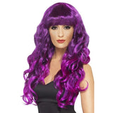 Purple Siren Wig with long curly synthetic hair and fringe – perfect for fantasy costumes, Halloween, and bold character looks.