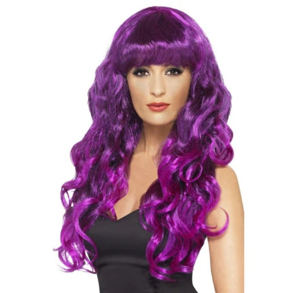 Purple Siren Wig with long curly synthetic hair and fringe – perfect for fantasy costumes, Halloween, and bold character looks.