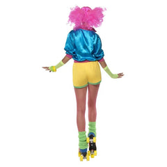 Skater Girl ladies costume, short yellow shorts, pink boob tube and blue satin short sleeve top.